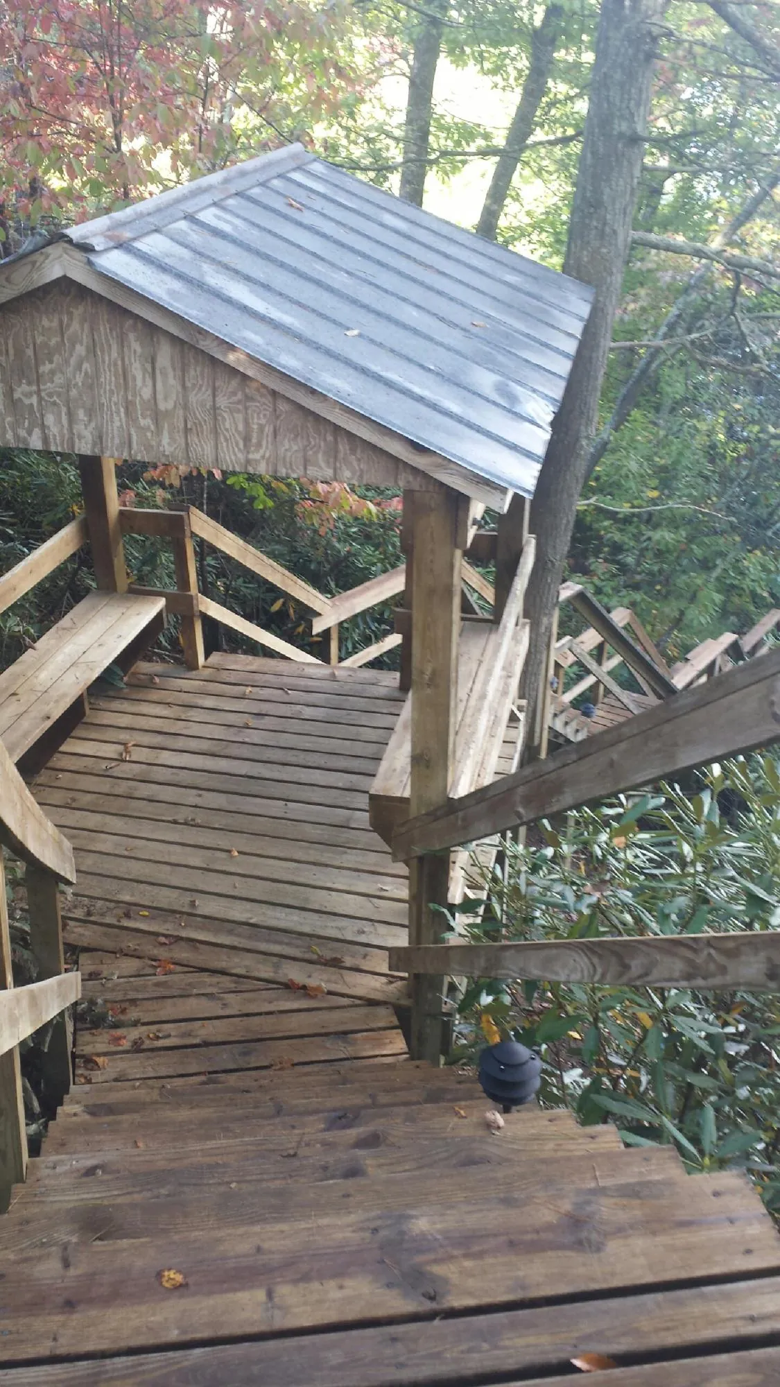 Metal roofed shelter over wooden steps on a wooded walkway — Skylight Repair & Installation work by our crew in Manteca